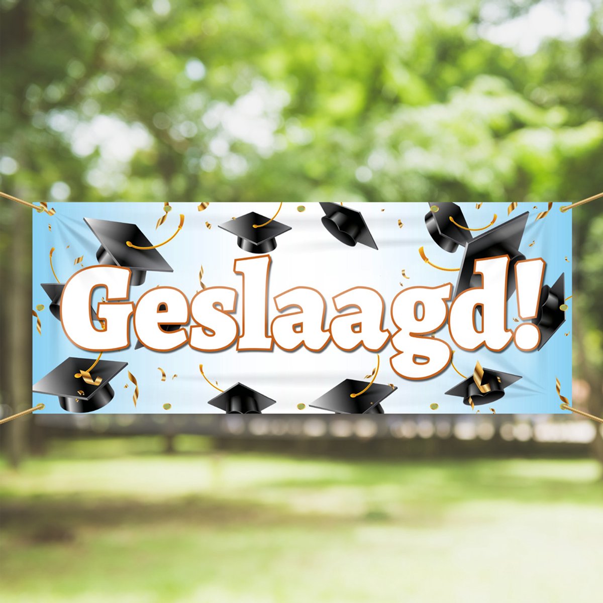 Spandoek Geslaagd! | 150 x 50 cm - Afstudeerhoed - Feestversiering | Eindexamen | Diploma